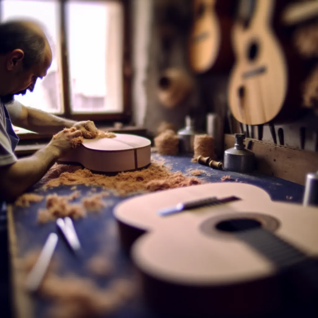 Hungarian luthier handcrafting a guitar in a traditional workshop