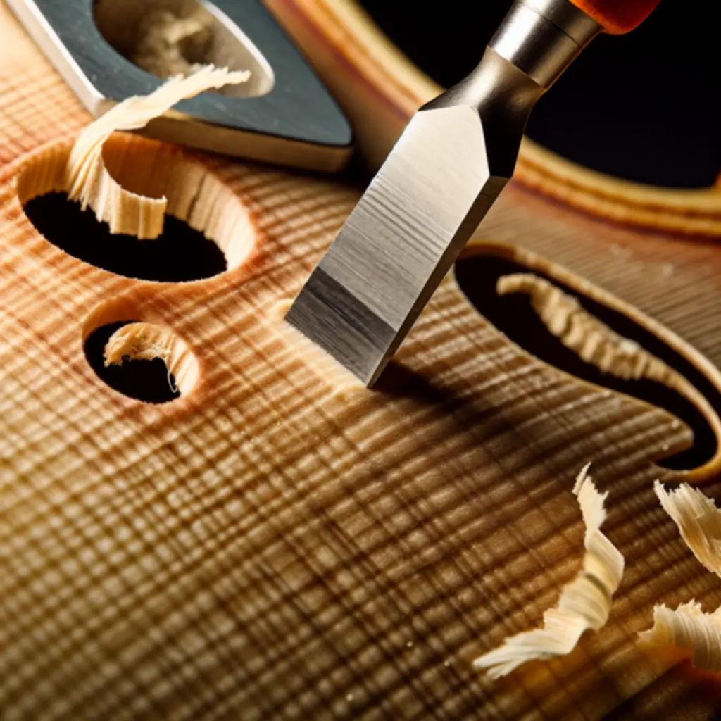 Részletes közelkép egy hangszer kézzel készített belső tartószerkezetéről és húrozásáról