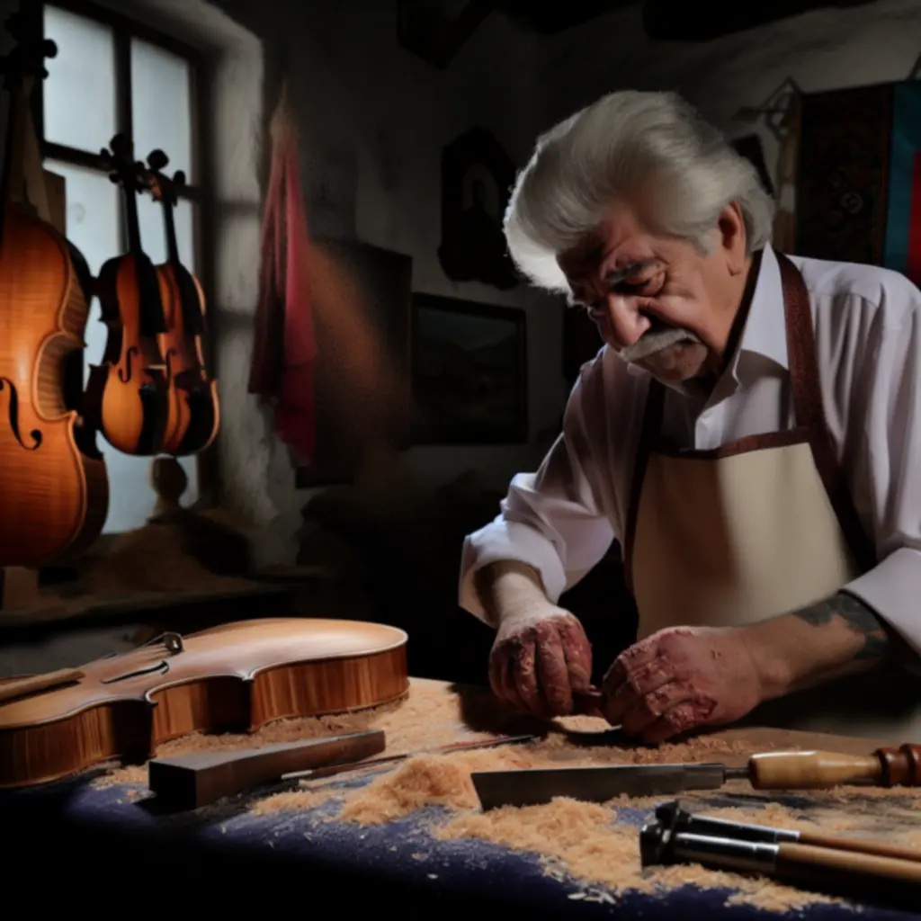 Mester hangszerkészítő dolgozik egy kézzel készített gitáron műhelyében, fókuszban a precíz kézművesség