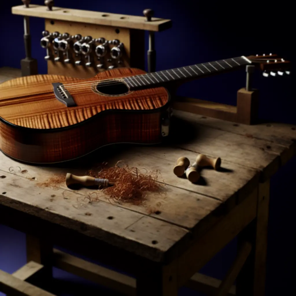 Master craftsman working on premium guitar in navy workshop