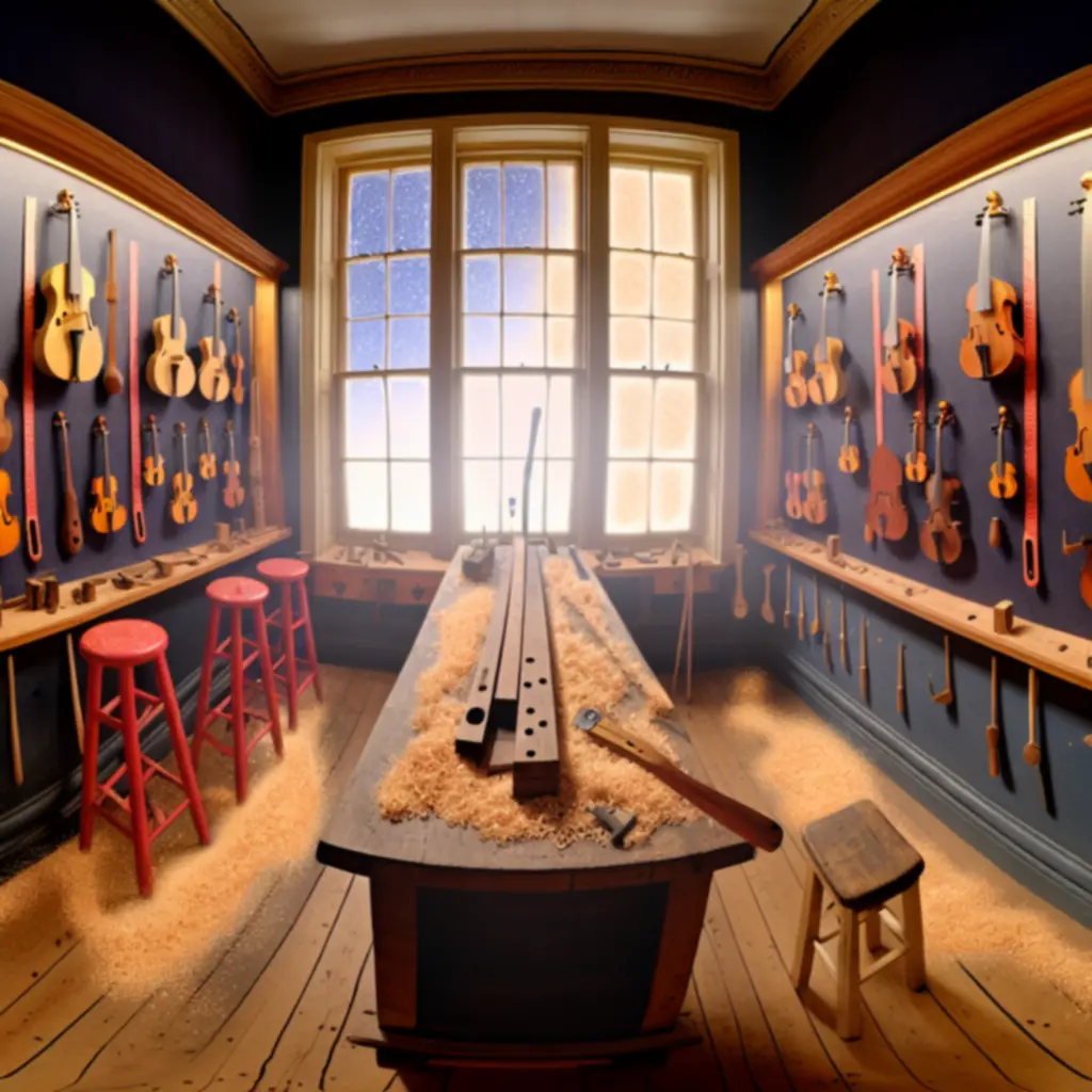 Belső tér egy hagyományos magyar hangszer műhelyben kézi szerszámokkal és munkapadokkal