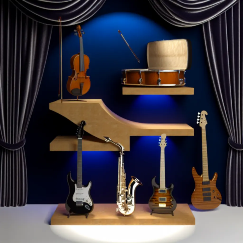 Curated collection of wooden instruments displayed in warm lighting