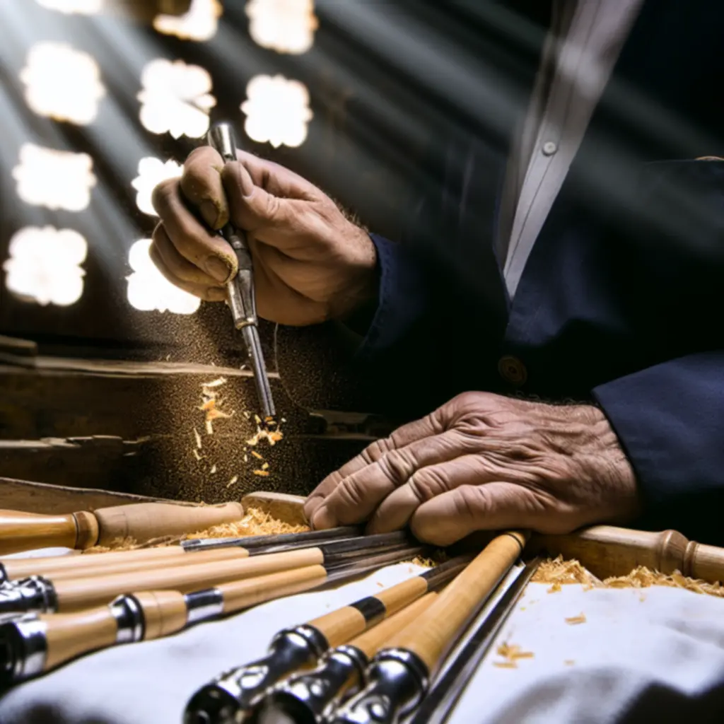 Hagyományos hangszerkészítő műhely meleg hangulatú világítással