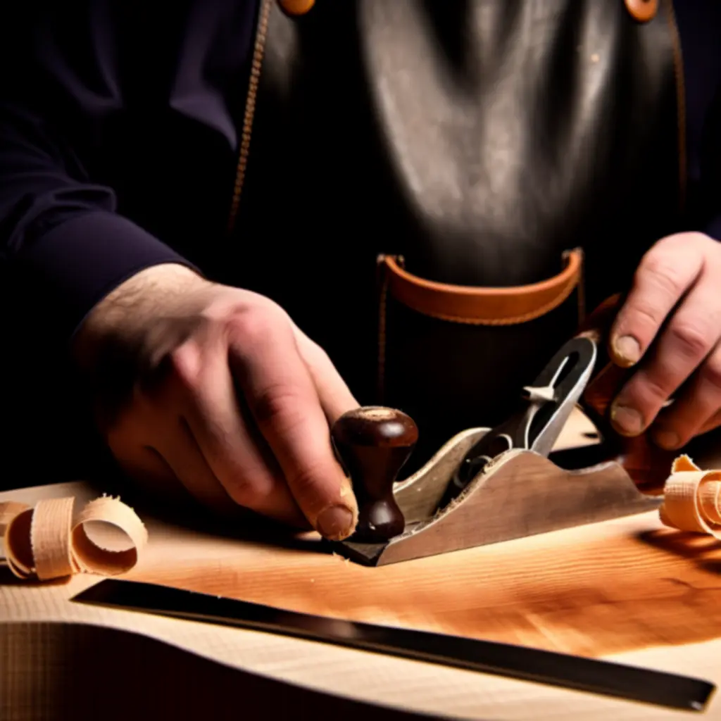 Master luthier carefully carving instrument wood by hand
