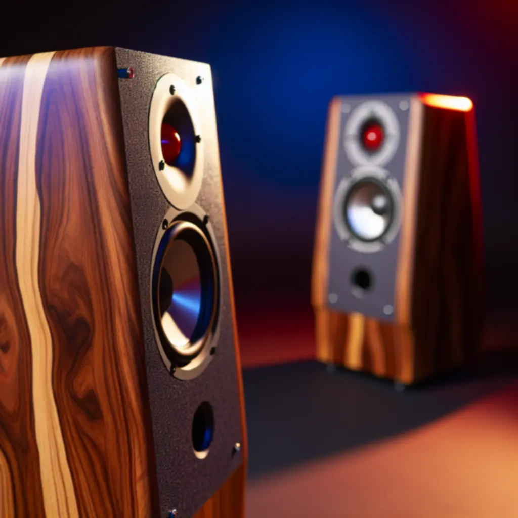 Prémium stúdió hangsugárzók fa állványon akusztikai közeggel